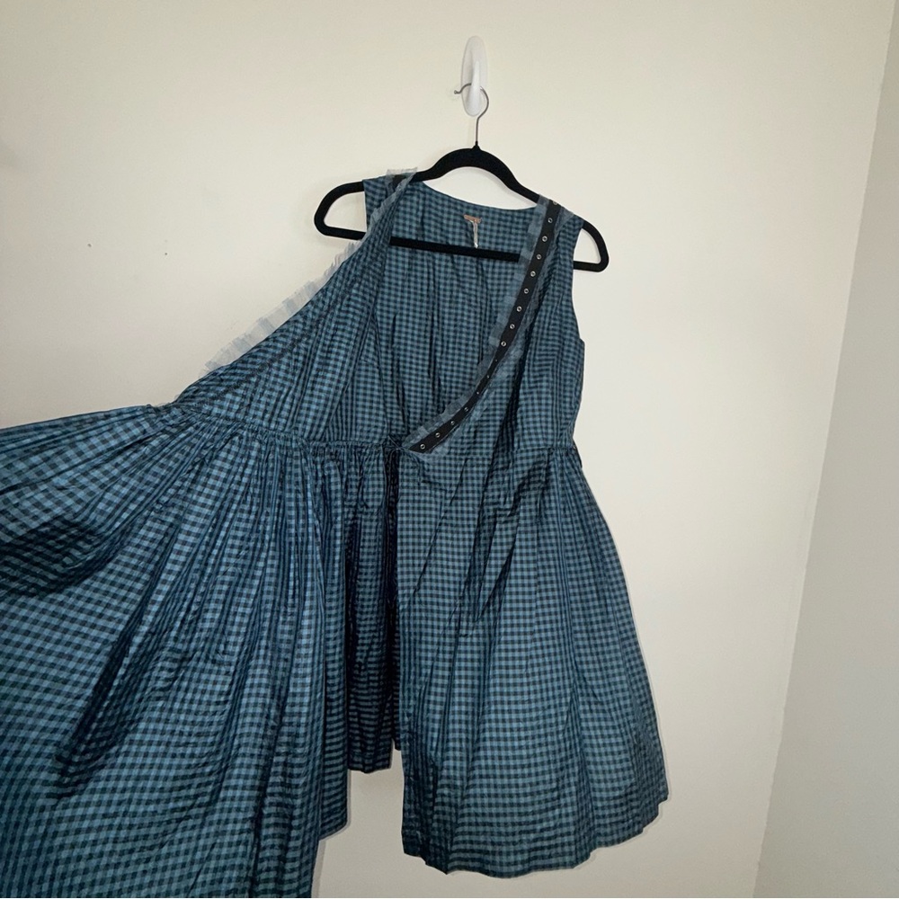 Free People Blue Check Sleeveless Wrap Silk Sundress Size 4 - Picture 7 of 15